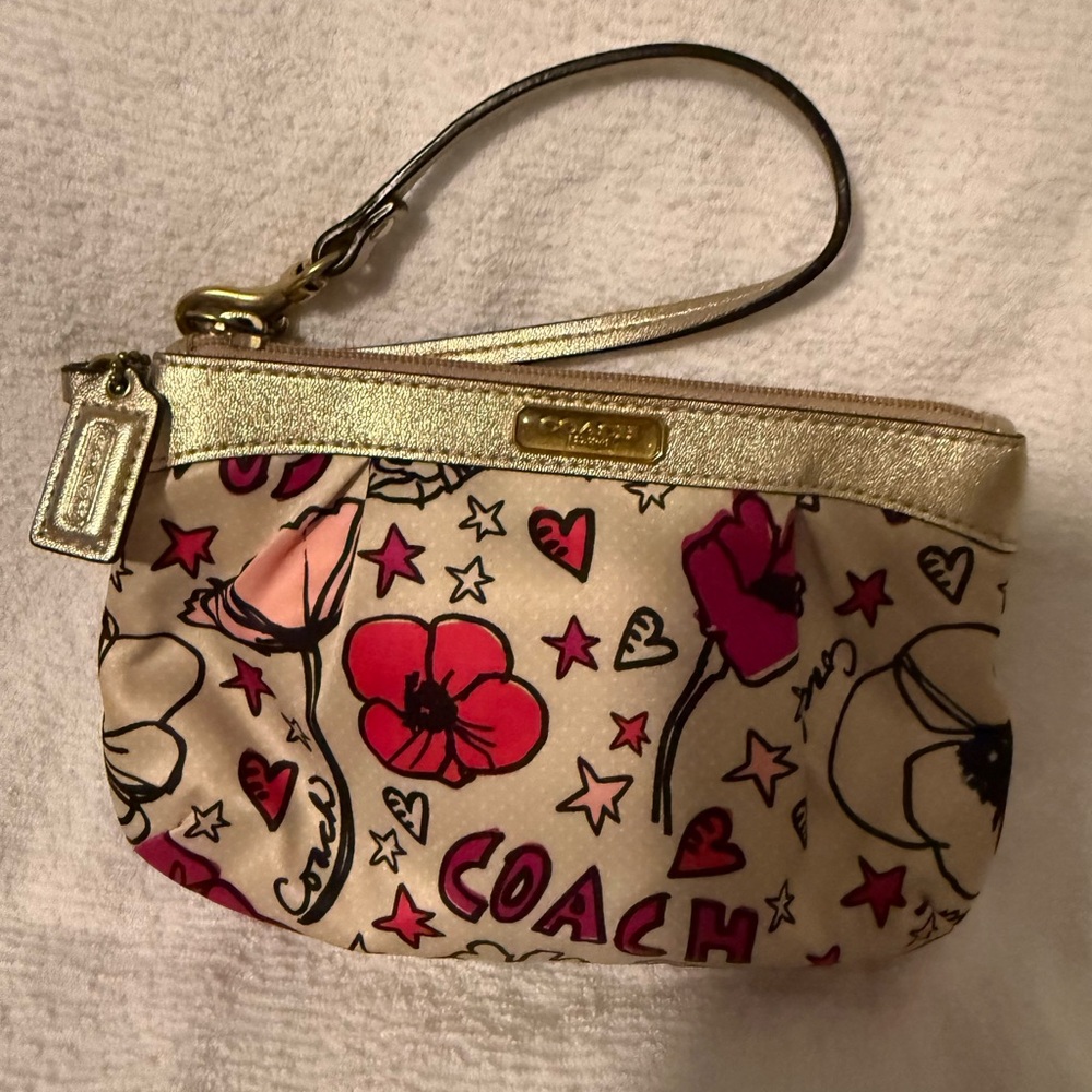 Coach Floral Pop Pink Red Gold Wristlet